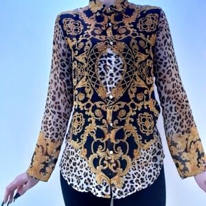 Femme de Carriere Yellow/Gold Filigree Leopard Print Sheer Chiffon Blous…